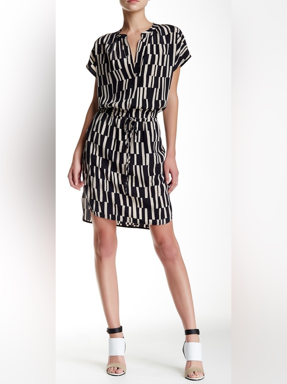 SZ S Vince Coastal Neutral Cap Sleeve Geometric Block Print Dress  $395